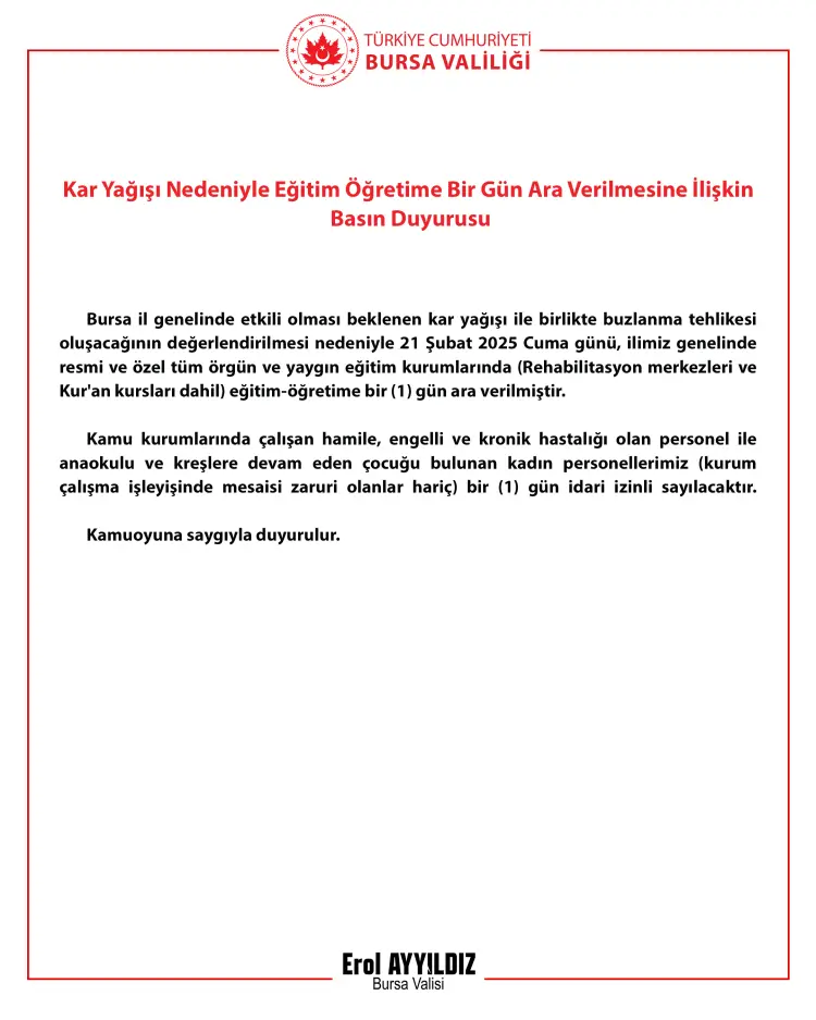 Bursa'da tüm okullar 21 Şubat'ta tatil! güncel haberi