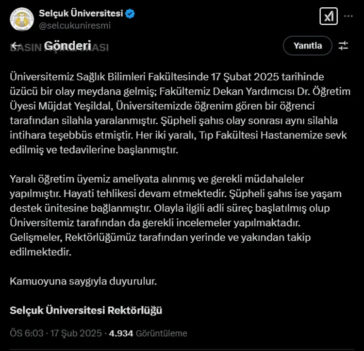Konya Selçuk Üniversitesi'nde dehşet! Dekan yardımcısının hayati tehlikesi sürüyor güncel haberi