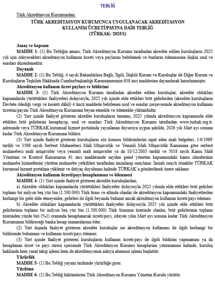 TÜRKAK akreditasyon ücretleri Resmi Gazete'de haberi